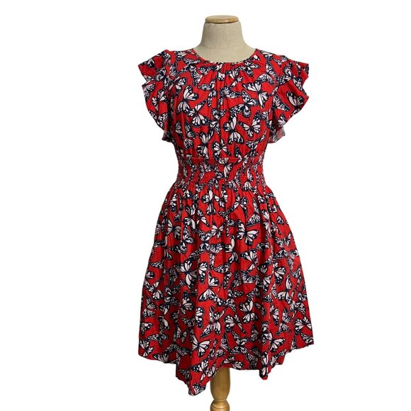 Kate Spade Women's Medium Red Butterfly Print Smocked Waist Flutter Sleeve Dress - Picture 12 of 12